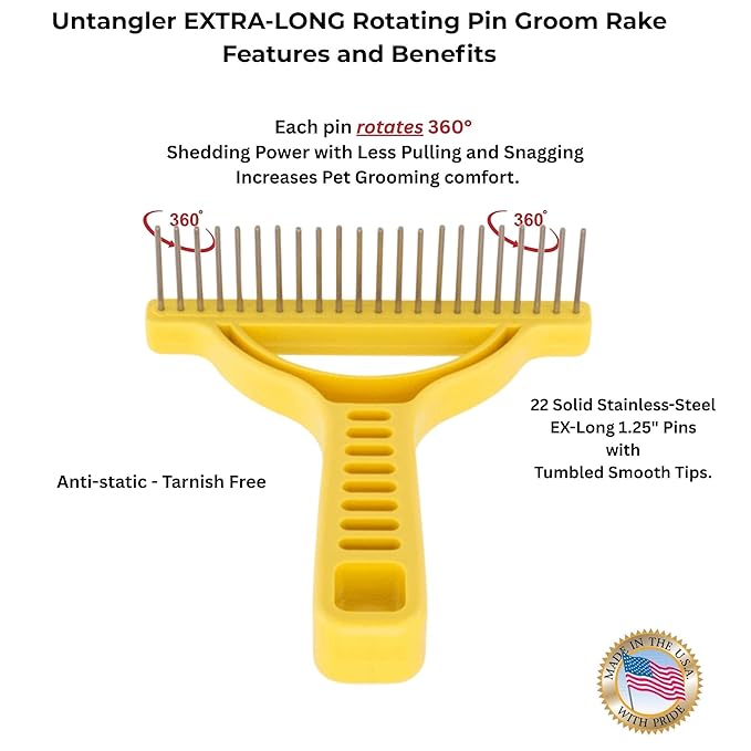 The Untangler Rakes for Grooming and Shedding -silky smooth rotating teeth to easily collect loose hair (Yellow, Extra-Long)
