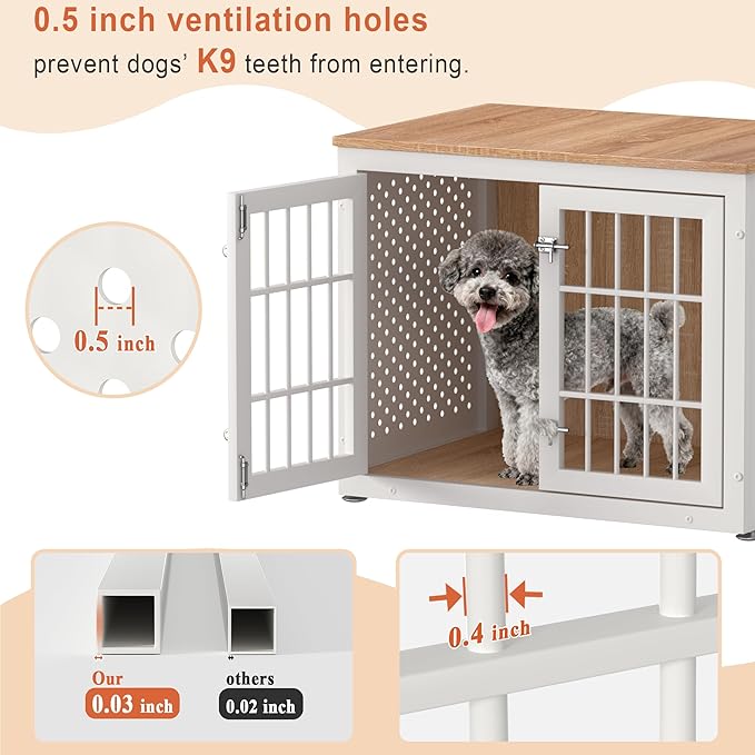 32" Heavy Duty Dog Crate Furniture for Small and Medium Dogs, Metal Kennel for High Anxiety Dogs, Chew Proof Pet Cage Indoor, Decorative Dog Kennel End Table, White