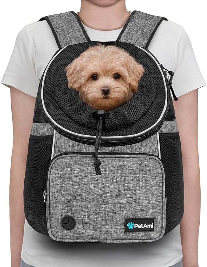 PetAmi Dog Front Carrier Backpack, Adjustable Dog Pet Cat Chest Carrier Backpack, Ventilated Dog Carrier for Hiking Camping Travel, Small Medium Puppy Large Cat Carrying Bag, Max 15 lbs, Gray