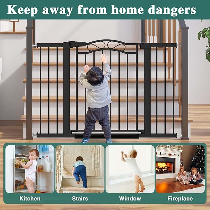 Black Baby Gate with Door-Walk Through Baby Gates for Stairs Pressure Mounted no Drill-Indoor Tension Metal Child Pet Dog Safety Gate 35.04"-37.80" Wide