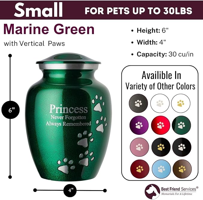 Ottillie Paws Premier Series Pet Urn for Dogs and Cats with Personalized Laser Engraving (Small - Pets up to 25 lbs, Marine Green with Vertical Pewter Paws)