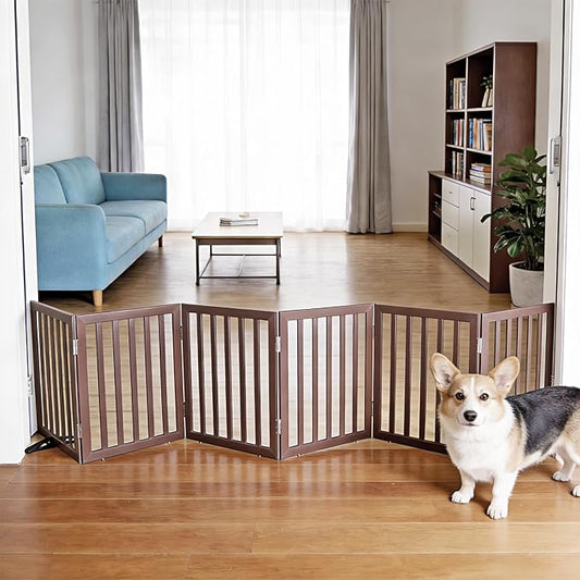 Dog Gate Indoor, Freestanding Dog Fence for The House, Doorways, Hallways,or Stairs,Pet Gate Foldable Wooden,Expandable 24" Height 6 Panels,Brown
