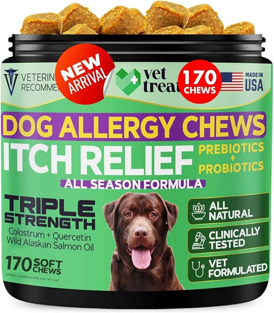 Dog Allergy Relief Chews - 170 Dog Allergy Chews - Itch Relief for Dogs - Anti Itch for Dogs - Dry & Itchy Skin - Allergies & Immune Support Supplement, Omega 3, Fish Oil, Colostrum - USA