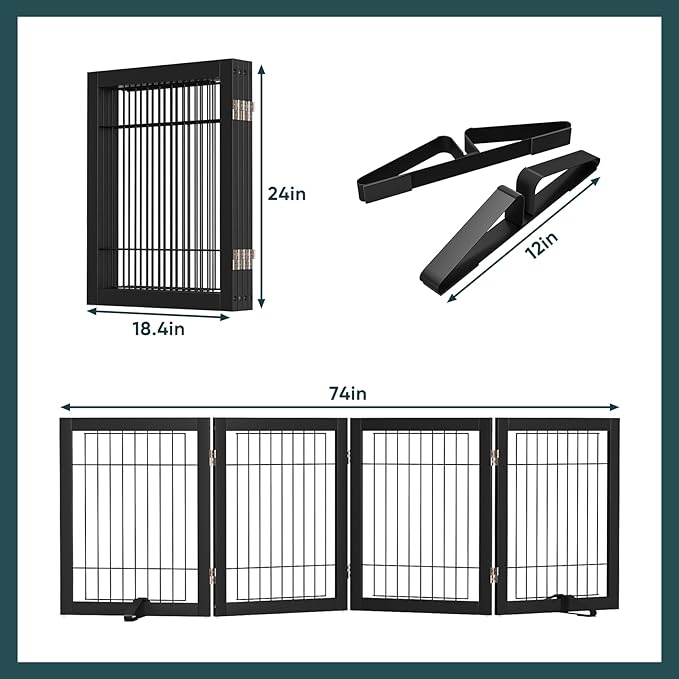 Semiocthome Freestanding Dog Gate Indoor,Dog Gates for Doorways and Stairs,24" H- 4 Panels Puppy Gate with 2 Metals Stands Adjustable Safety Fence Wire Pet Gates - Black