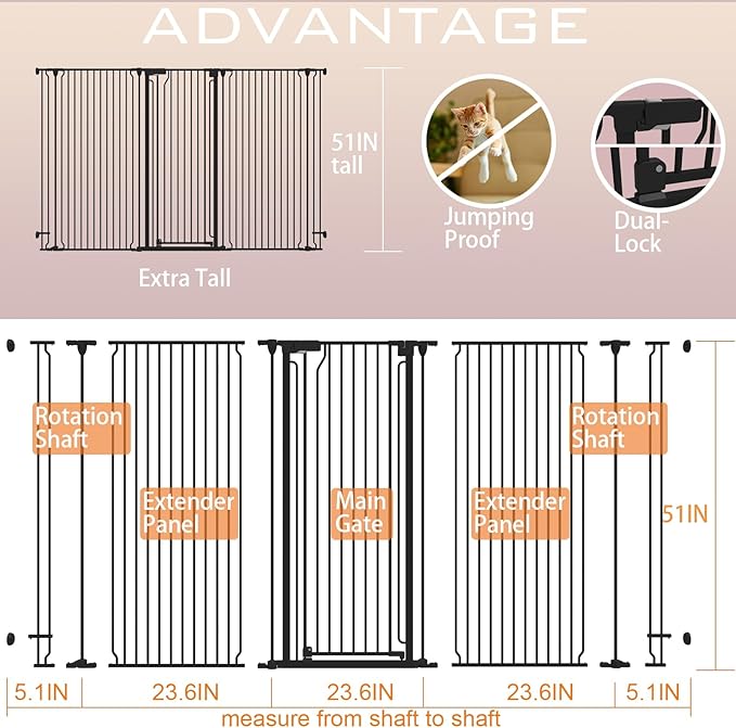 51" Extra Tall Cat Gate for Cats – 57.4" to 81" Extra Wide Cat Gate for Doorway,Auto Close 3-Panel Durable Pet Gate Indoor Use, Metal Dog Gate for Kitchens, Doorways & Stairs (Black)
