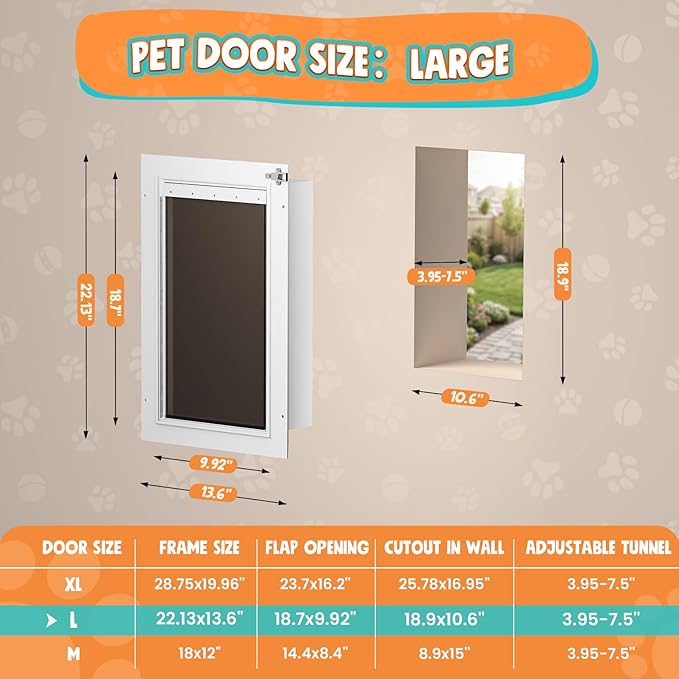 3-Flap Dog Door for Wall, Large Doggy Door, All Aluminum Heavy Duty Pet Door, Extreme Weather Doggie Door for Interior Exterior Wall, with Insulation Flaps & Lockable Closing Panels, Pets Up to 110LB