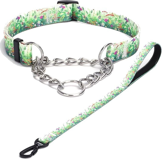 Martingale Dog Collar with Stainless Steel Chain - Limited Chain Cinch Training Collar for No Pull Training Dog - Flower Multicolor Cute Patterns - Premium No Slip Collar (M, Grass Set)
