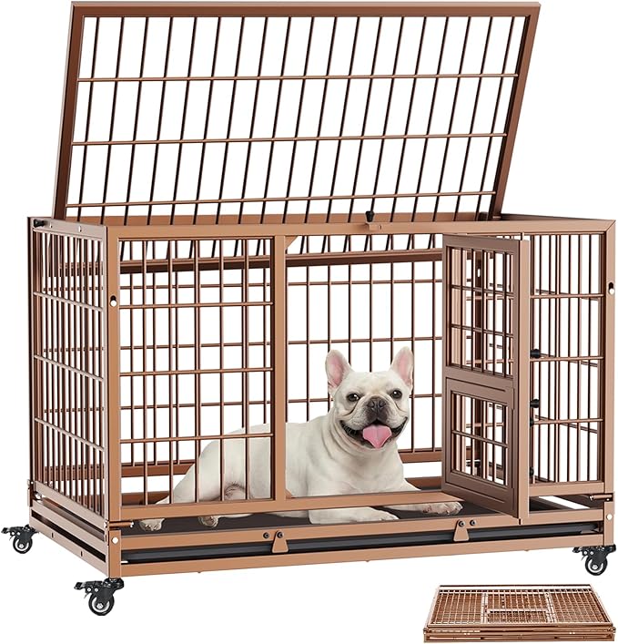 Gardner Pet 32 inch Stackable Heavy Duty Dog Crate,Indestructible Escape-Proof Dog Kennel for Small Dogs,High Anxiety Dog Cage with Upgraded Lockable Wheels，Removable Tray & Triple Door,Brown