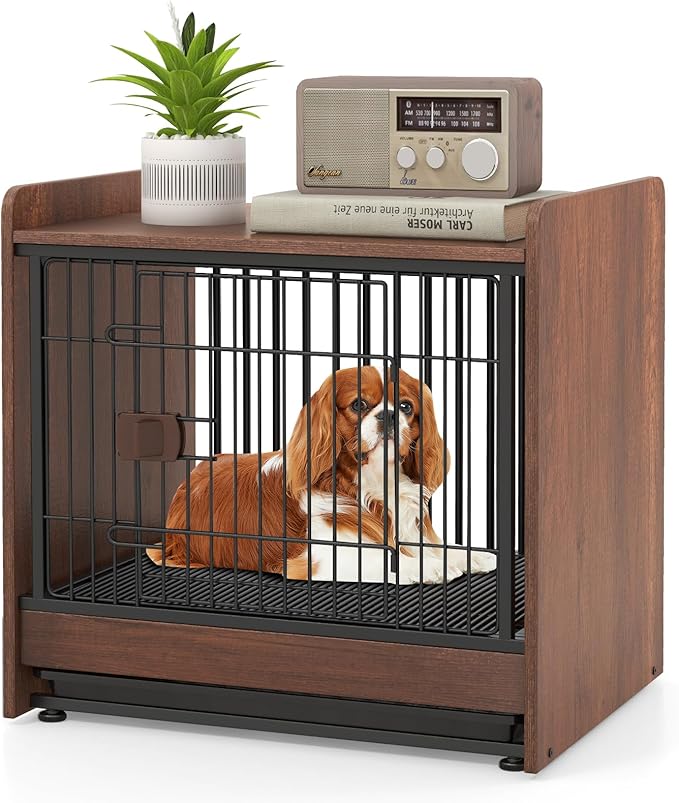 PETSITE Dog Crate Furniture, Industrial Style Dog Crate with Lockable Door, Removable Tray, Adjustable Foot Pads, Indoor Dog Kennel Side Table for Small and Medium Sized Dogs, 24.5 x 19.5 x 24 in