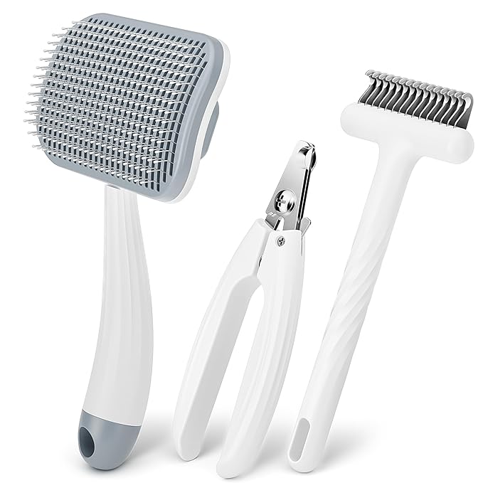 3-Piece Dogs & Cats brush for shedding - Self Cleaning Slicker Brush, Dematting Comb & Nail Clipper - Professional 3-in-1 Grooming Set for Shedding, Mats & Tangles - Easy At-Home Pet Care Tools