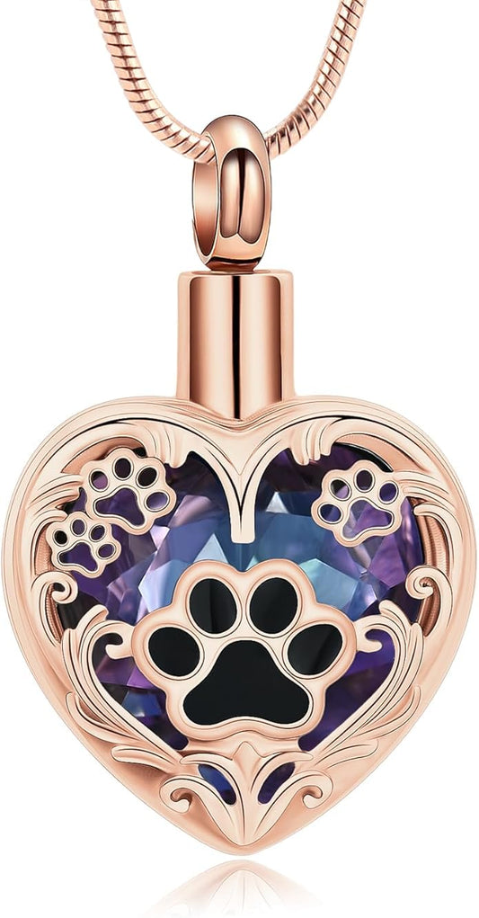 Heart Urn Necklace For Ashes Birthstone Pet Memorial Jewelry Dog Paw Print Cremation Pendant Stainless Steel Keepsake Gift For Pet Lovers