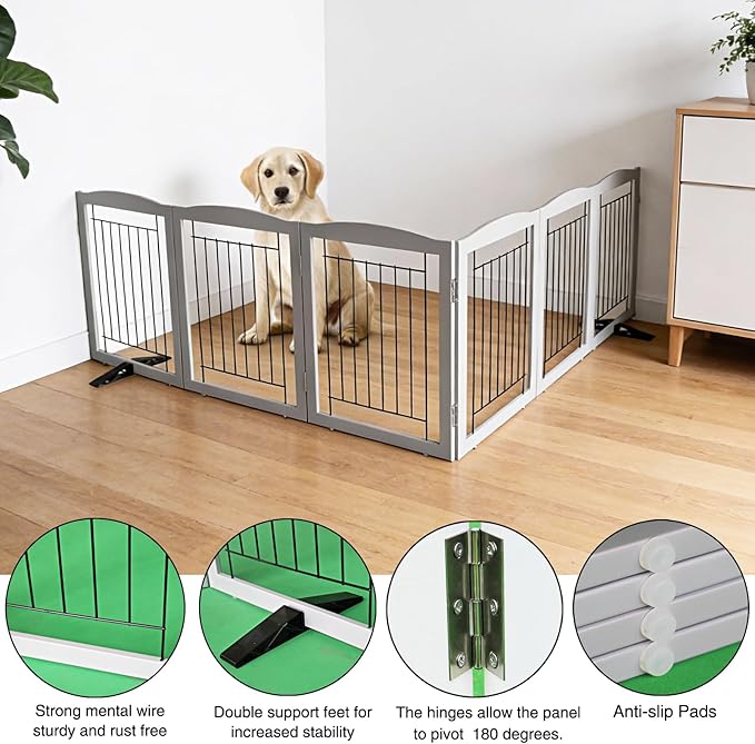 Dog Fence Indoor,Dog Gate Indoor for Doorway pet gate -6-Panel Freestanding, Hallways, House or Stairs -120x32-Inch Retractable Foldable Expandable Wood Pet by SFJC (Grey) ﻿
