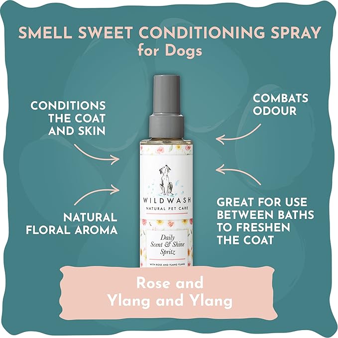 WildWash Smell Sweet Conditioning Spray for Dogs 150ml - Rose and Ylang Ylang to Freshen and Condition to Combat Odour - Natural, Sulphate and Paraben-Free for Sensitive Skin