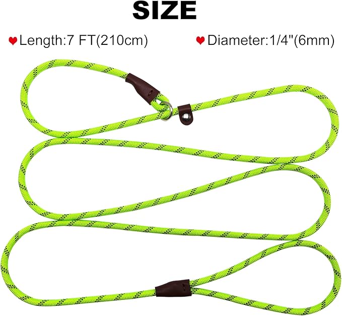 7ft Slip Lead Dog Leash for Small Dogs, No Pull Puppy Training Lead, Lightweight Sturdy Pet Slip Rope Leash, Green