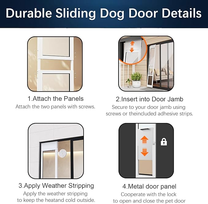 Dog Door for Sliding Glass Door, Adjustable Height 75 3/5" to 80", Aluminum Frame Sliding Glass Pet Door, Suitable for Medium Dogs Up to 30 lbs(Medium,White)