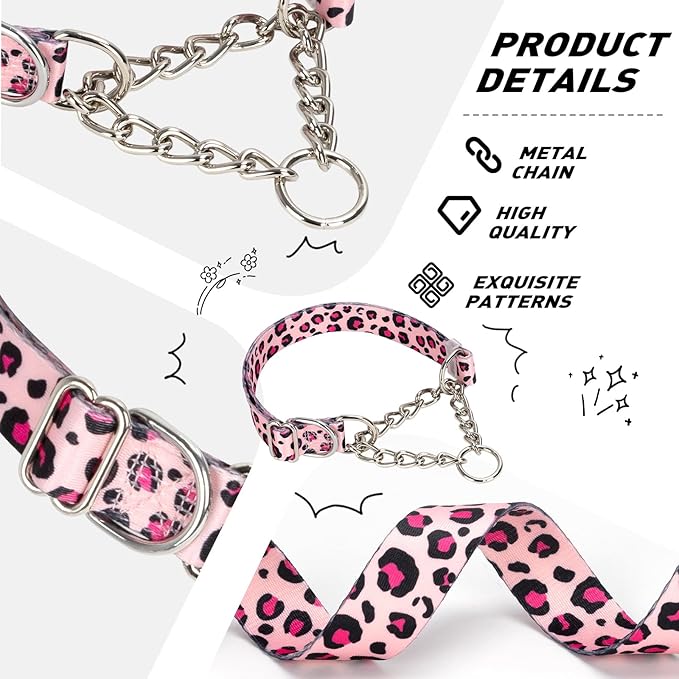 Pink Leopard Martingale Dog Collar, No-Pull Training Collar with Chain, Soft & Durable Design for Medium, Large & XL Dogs (Pink Leopard Medium )
