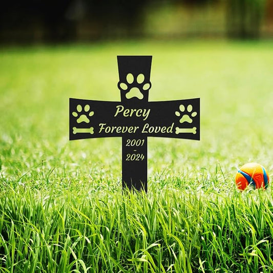 Custom Dog Memorial Garden Stake, Personalized Dog Memorial Grave Marker Cross, Metal Dog Paws Memorial Remembrance Plaque Stake for Cemetery, Pet Dog Sympathy Grave Stake