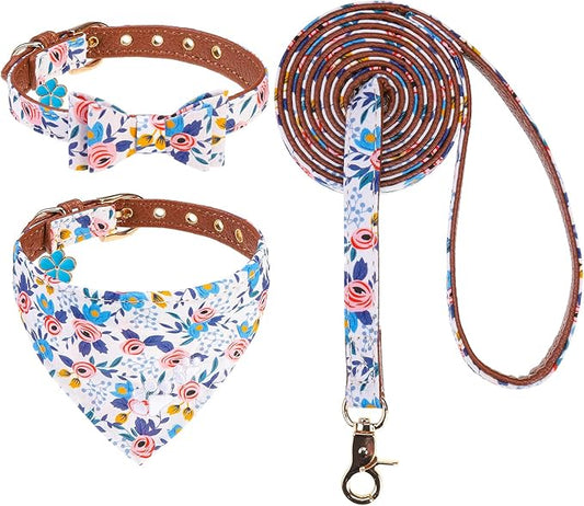 EXPAWLORER Small Collar and Leash Set - Embroidery Pawprints with Bow Tie and Bandana Collar with Bell, Soft Tangle Free Leash for Dogs Cats Outdoor Walking, Holiday Ideal Gift Blue Flowers S