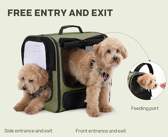 Pecute Spacious Cat Carrier Backpack, Lightweight Ventilated Pet Backpack for Anxious Cats & Small Dogs (Miniature Dachshund), for Hiking Camping Travel Vet Visits, Dark Green