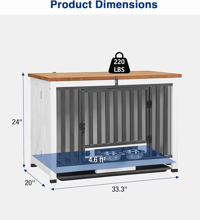 Dog Crate Furniture, Foldable Wooden Dog Kennel Furniture with 360° Rotating Feeding Bowls, Iron Frame Dog Crate with Deepened Sliding Tray, 33" L - White Brown
