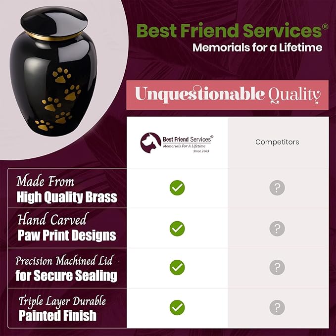 Ottillie Paws Legacy Series Pet Urn for Dogs, Handmade Brass Memorial Cremation Urn (X-Large - Pets up to 170 lbs, Ebony, Vertical Brass Paws)