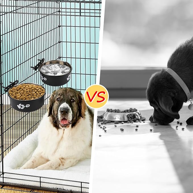 Stainless Steel Dog Crate Bowls Hanging No Spill 2 PCS - Adjustable Mountable Kennel Bowls for Medium/Large Dogs, Anti Spill Water & Food Bowl Set (Black, L(6.3"+7.1"))