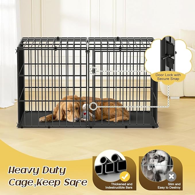 Pawaboo Heavy Duty Dog Crate, 56 inch Large Metal Dog Cage, Thickened Anti-bite Dogs Kennel with Mat, Dogs Playpen with Secure Top, Pet Cage Crate with Lock Door, Black