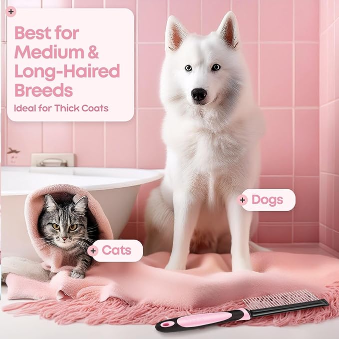 Flexzion Metal Pet Comb for Cats & Dogs - Sturdy Stainless Steel Rounded Teeth with Non-Slip Soft Grip Handle Easy to Use Grooming Detangling Cat Combs for Indoor Cats, Pink
