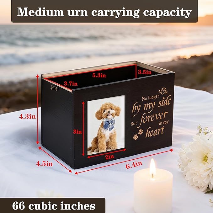 Pet Urns for Dogs or Cats Ashes with Photo Frame, Wooden Memory Box for Keepsakes with Black Flannel as Lining, Pet Memorial Gifts for Dogs (Black Medium)