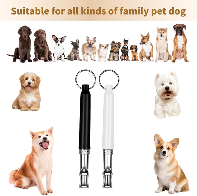 2 Pack Dog Whistle - Dog Whistle to Stop Barking Neighbor's Dog & Long Range Recall, Adjustable Ultrasonic Silent Dog Whistle with Lanyard for Training Recall, Professional Obedience (Black & White)