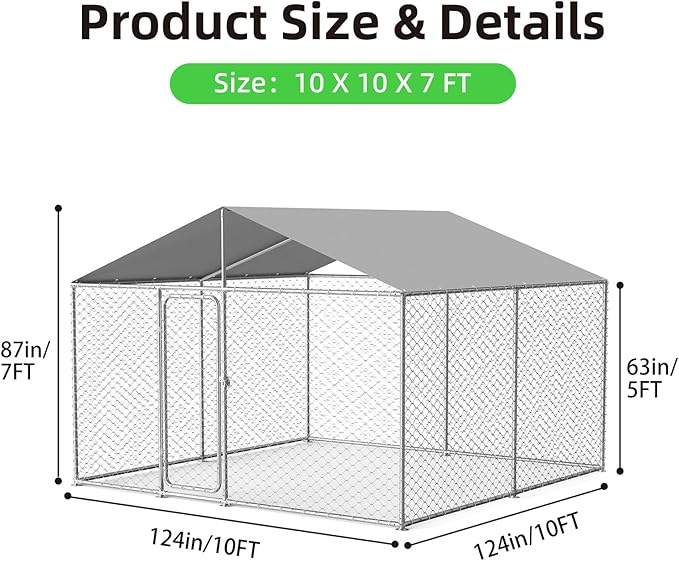 10x10FT Dog Kennel Outdoor Outside, Heavy Duty Metal Dog Enclosure with Waterproof Oxford Roof & Security Lock,Panels for Large Dogs & Small Animals, Backyard Pet Playpen