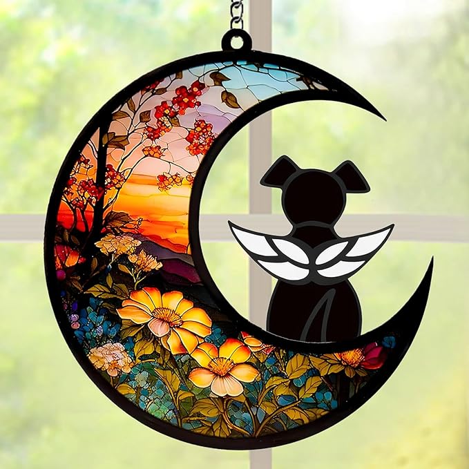 Dog Memorial Gifts for Loss of Dog Suncatcher, Black Angel Dog on Sunset Moon Dog Beverage Acrylic Ornaments Decor Window Wall Sympathy Gift for Dog Lover