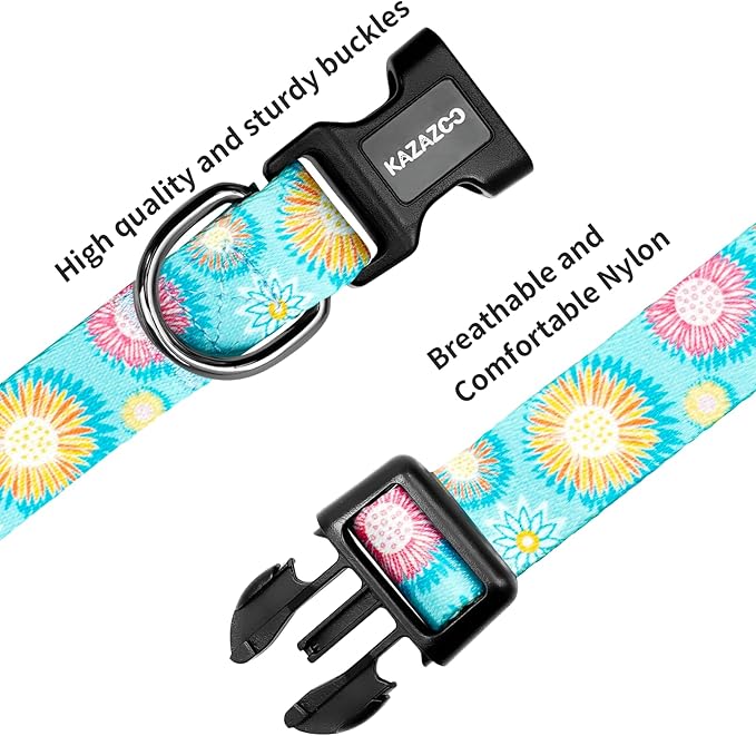 Kazazoo Dog Collar Cute and Soft Nylon Puppy Collar for Boy and Girl, Adjustable Dog Collars for Small Medium Dogs, Blue Sunflowers-M