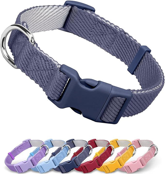 Dynmeow Soft and Breathable Cotton Dog Collar, Durable Adjustable Pet Collar with Quick-Release Buckle, Lightweight for Sensitive Skin for Small and Medium Dogs, Navy-Blue, S
