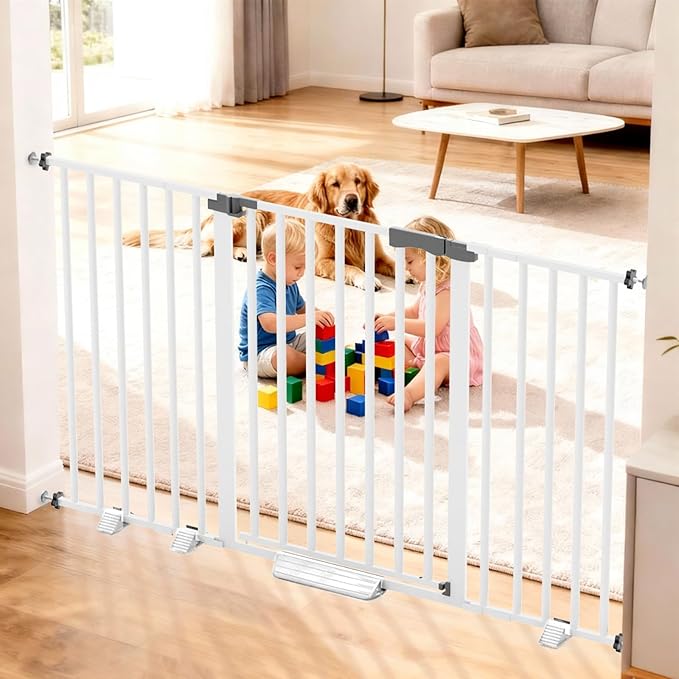 41'' Extra Tall Pet Gate for Large Dogs 54.7-63.0'' Wide Indoor No Jumping Over, Heavy Duty Puppy Baby Gate for Doorways, Pressure Mounted Metal Gate for Child Toddler (White)