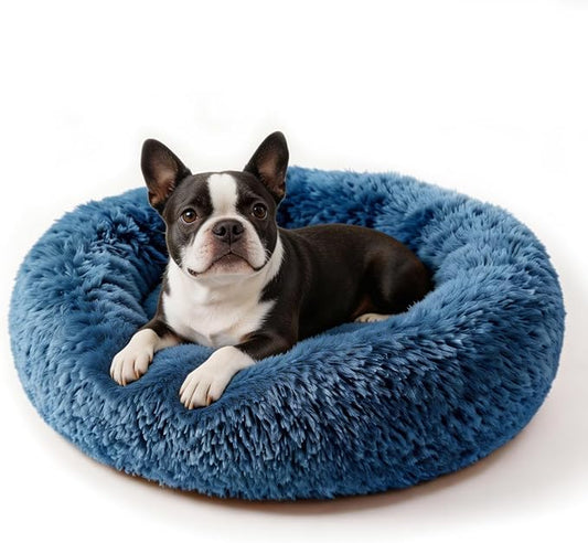 Calming Dog Bed for Medium Dogs Washable Donut 30 inches Anti-Slip Pet Bed,Round Fluffy Plush Faux Fur Cat Bed,Fits up to 45 lbs Pets,Navy Blue