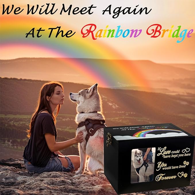 Sofunii Pet Urns for Dogs or Cats Ashes,Large Wooden Funeral Cremation Memorial Box with Photo Frame,Rainbow Bridge Keepsake with Black Flannel as Lining,Loss Pet Memorial Remembrance Gift