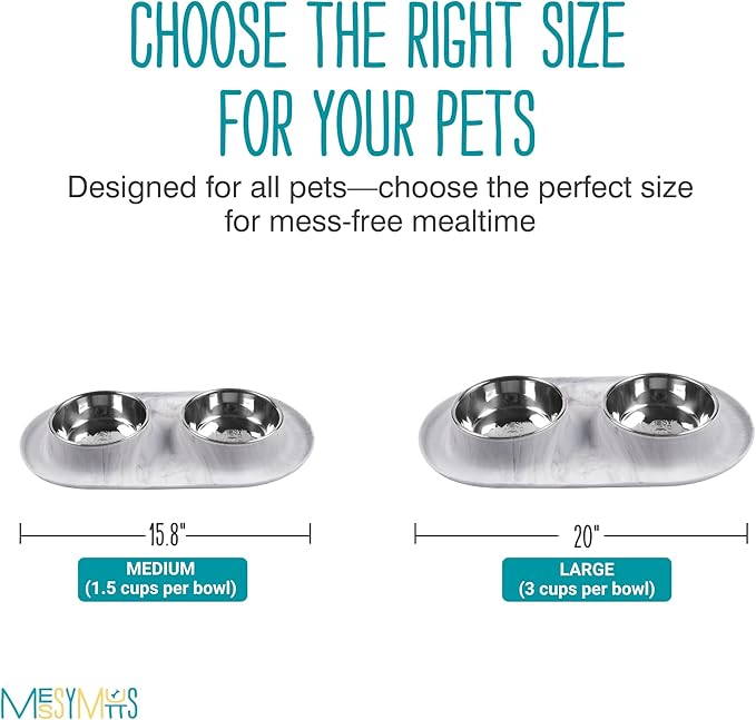 Messy Mutts Double Silicone Feeder with Stainless Bowls | Non-Skid Food Dishes for Dogs for All Pets | Dog Food Bowls | Large, 3 Cups Per Bowl | Marble