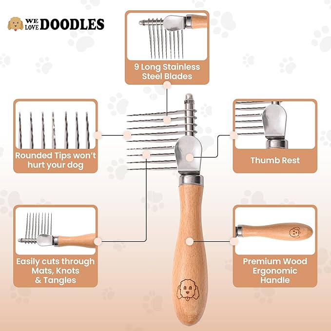 We Love Doodles Dog Dematting Brush & Rake, Hair Brush for Dogs, Made in the USA & Detangler Spray - Stainless Steel Blades, No Pulling, All Hair Types, Promotes Circulation, All Breeds, Ages