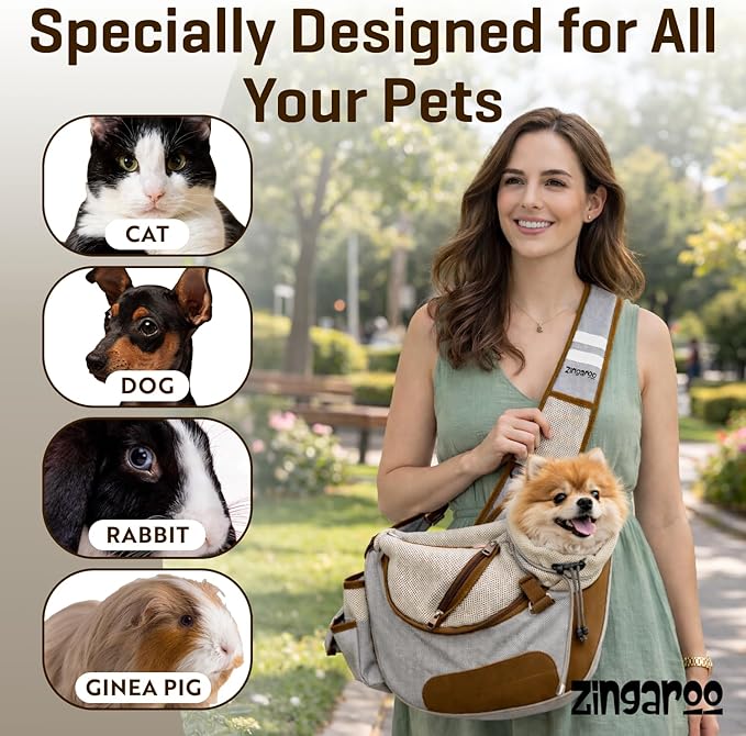Hands-Free Sling Pet Carrier for Cats and Small Dogs up to 12lbs – Travel Set Includes Foldable Water Bowl & ID Card – Breathable Mesh, Safety Hook & Adjustable Padded Strap for Walking & Travel