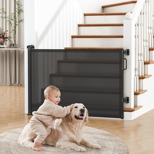 Retractable Baby Gate for Stairs, 55" Wide Mesh Dog Gate Indoor, 34" Tall Child Gate for Doorways, Hallways, Deck, Indoor Outdoor Pet Baby Safety Essentials for Home, Black