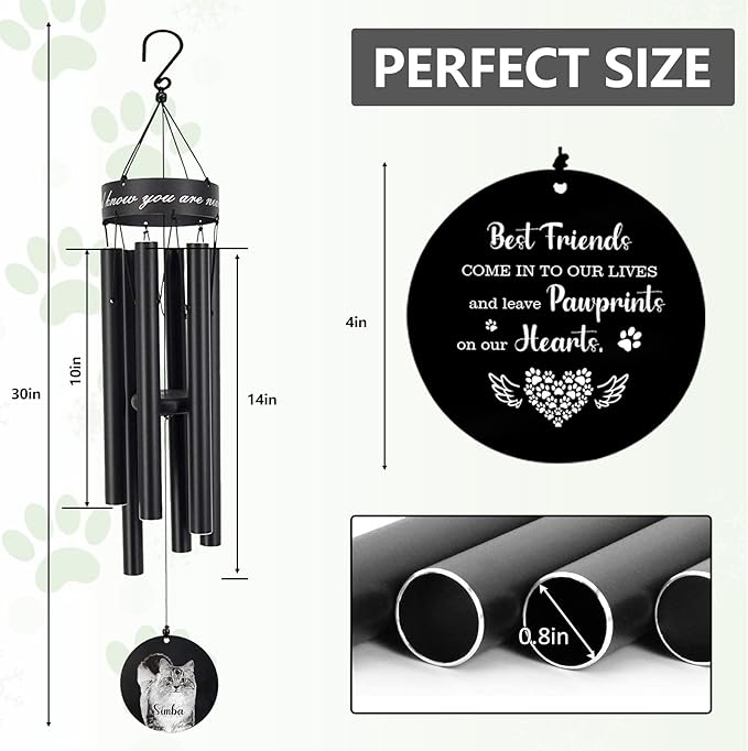 Personalized Name Photo 30" Wind Chimes, Produced in USA Pet Memorial Gifts for Loss of Dog, Custom Picture Dog Remenbrance Gift in Memory, Sympathy Family Love Pet Dogs Cat Gift for Son Daughter