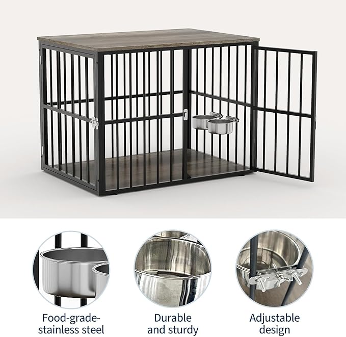 Dog Crate Furniture with Double Doors, 43 Inch Heavy Duty Indoor Dog Kennel, Wooden Pet Crate End Table with Removable Tray and Adjustable Food Bowl for Medium Large Dogs