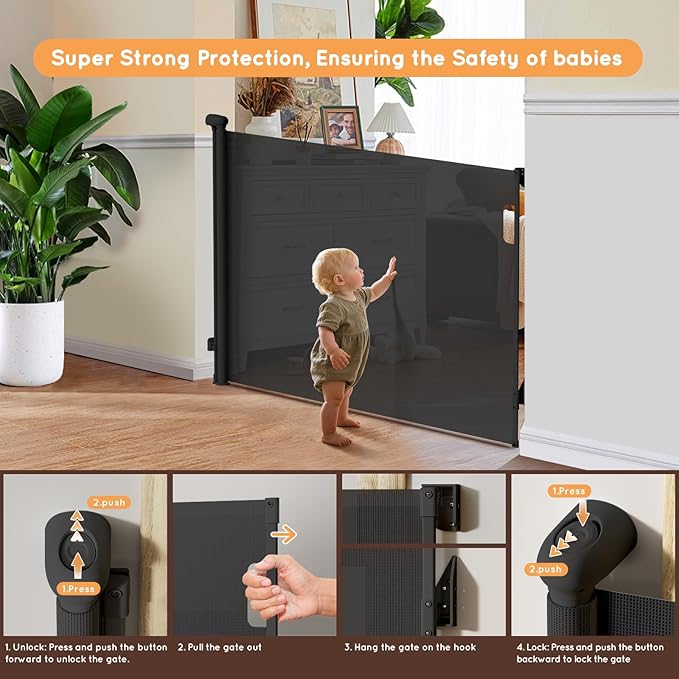 Retractable Baby Gate, 38" Extra Tall Mesh Baby Gate with Auto-Tension Design, 55" Wide One-Hand Operation Dog Gates for Doorways and Hallways, Safety Gate for Babies and Pets, Black