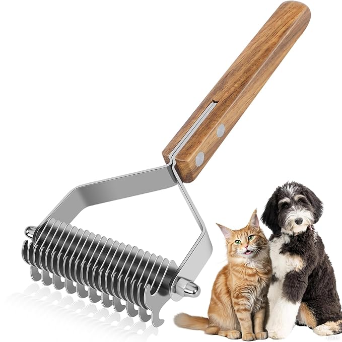Undercoat Rake for Dogs, Dematting Comb for Dogs and Cats with Wood Handle, Deshedding Dog Brush for Remove Mats, Long-Haired Pets Grooming Rake, Large