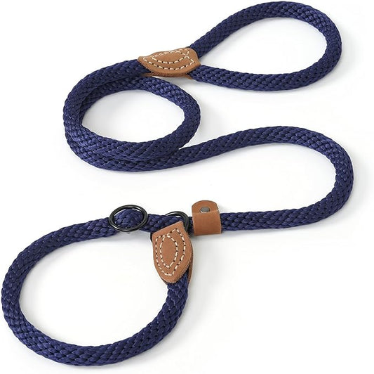 Mile High Life Slip Leads for Dogs | Heavy Duty Dog Training Leash | 4 Feet No Pull Slip Leashes w Leather Tip | Navy Rope Lead for Dogs Outside