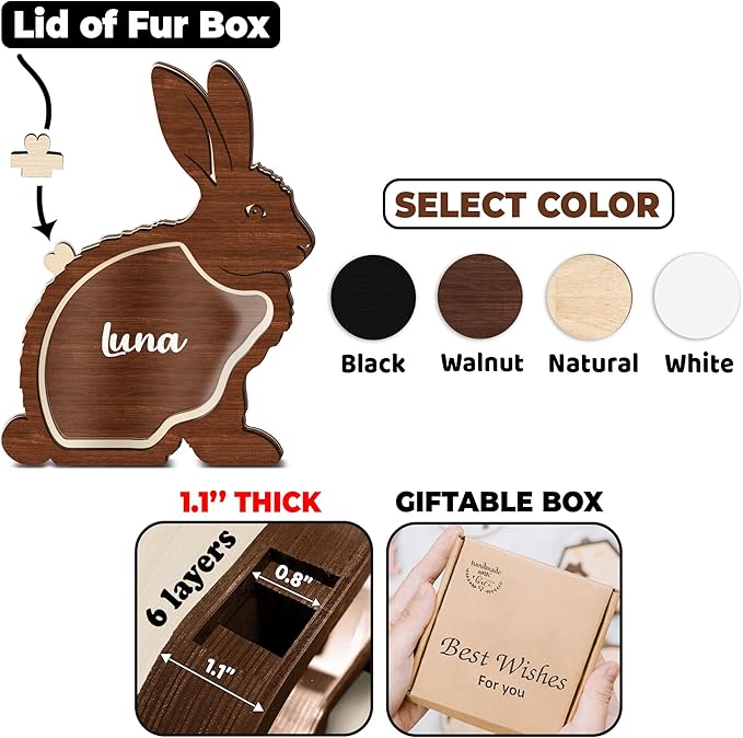 Personalized Rabbit Memorial Keepsake Unique Wooden Bunny Fur Box Collar Holder Sympathy Pet Loss Gift Memorial Storing Hair Ashes Standable Tabletop Decor Gift Idea for Pet Lover Family Friends