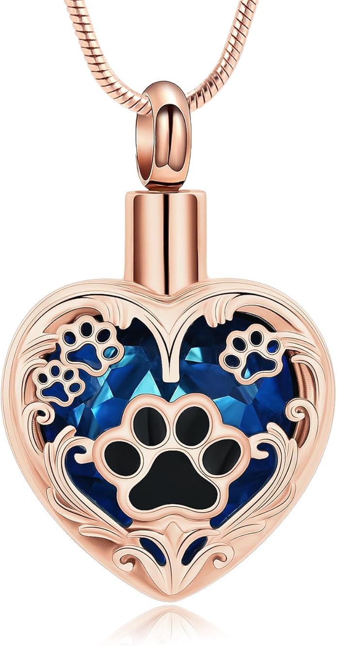 Heart Urn Necklace For Ashes Birthstone Pet Memorial Jewelry Dog Paw Print Cremation Pendant Stainless Steel Keepsake Gift For Pet Lovers