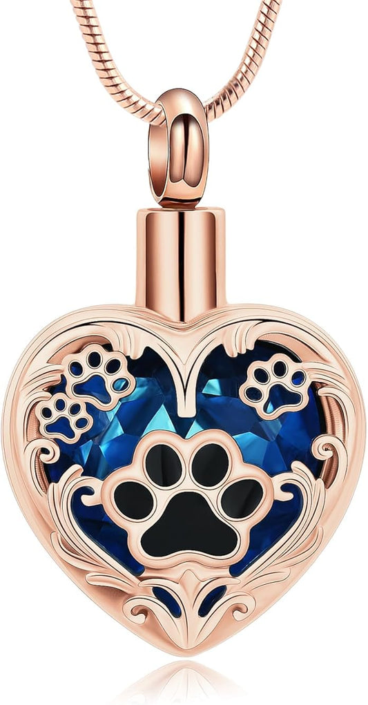 Heart Urn Necklace For Ashes Birthstone Pet Memorial Jewelry Dog Paw Print Cremation Pendant Stainless Steel Keepsake Gift For Pet Lovers