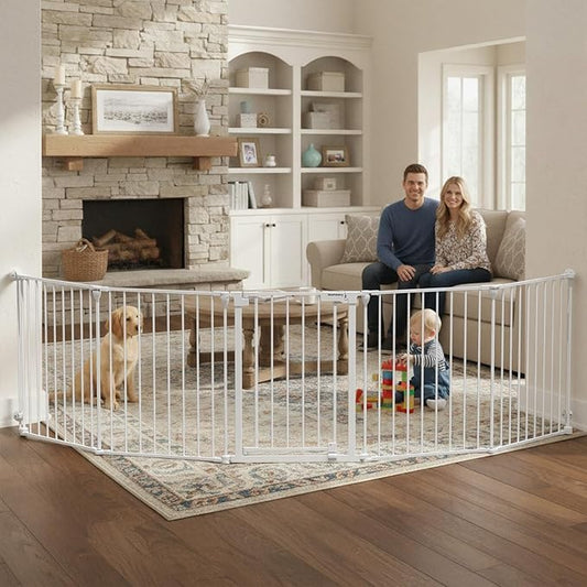 Mumeasy 126" Extra Wide Baby Gate for Doorways, Stairs & Fireplace, Auto Close Safety Dog & Pet Gate with Walk Thru Door, Childproof Fence for Hallway Kitchen House Indoor Outdoor,5 Metal Panels,White